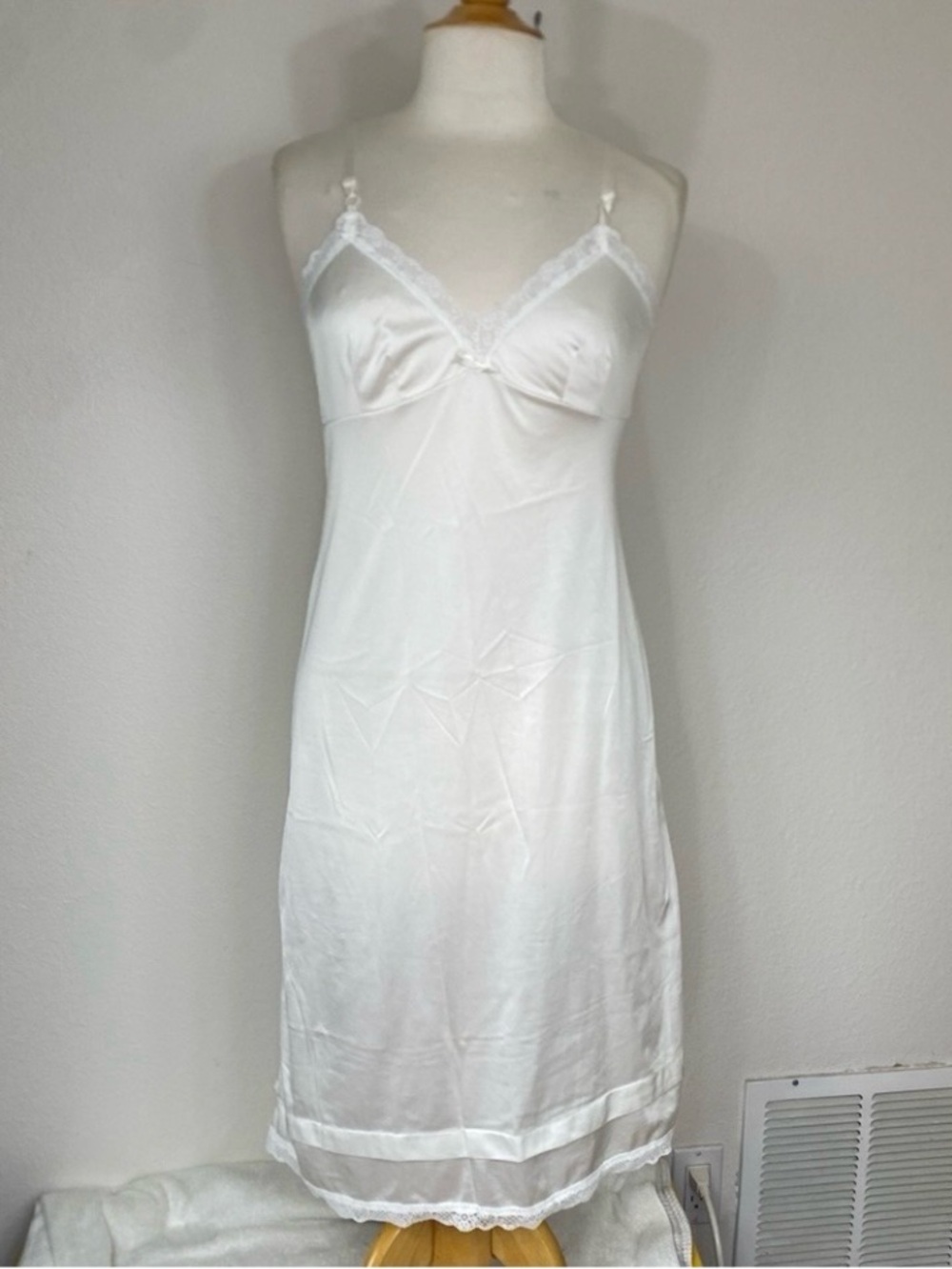 Vintage Womens Leggs Off White Satin Lace Trim Slip Dress Cottagecore Size Small